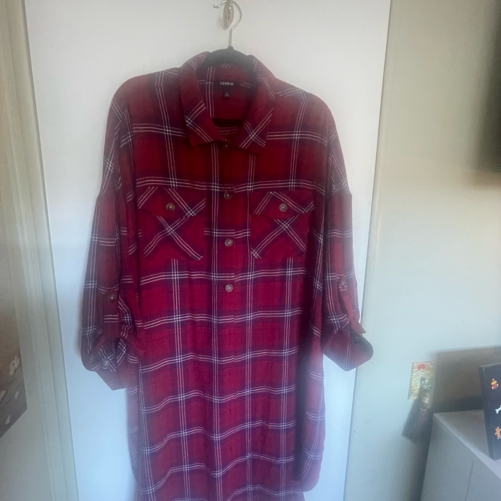 Torrid Red Plaid Women's Button Down Long Shirt “Shacket”